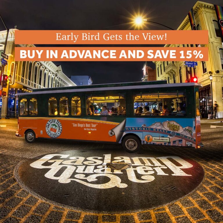 San Diego City Lights Night Tour driving past Balboa Park and the words Early Bird Gets the View! BUY IN ADVANCE AND SAVE 15%