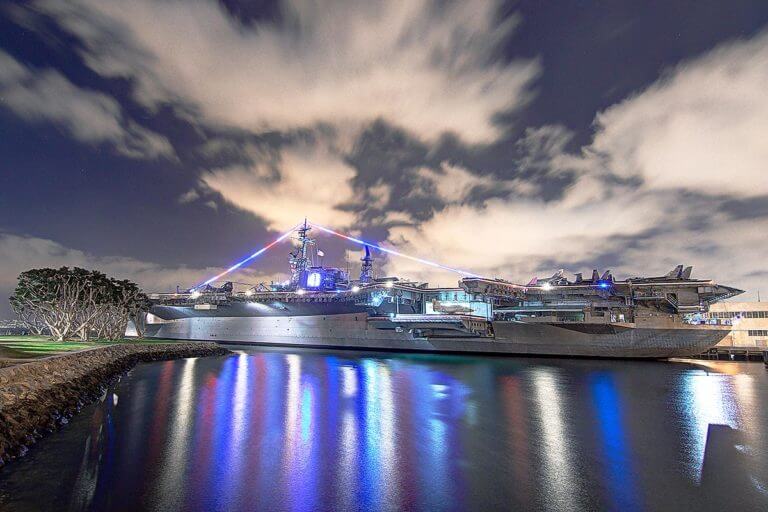 san diego navy ship at night