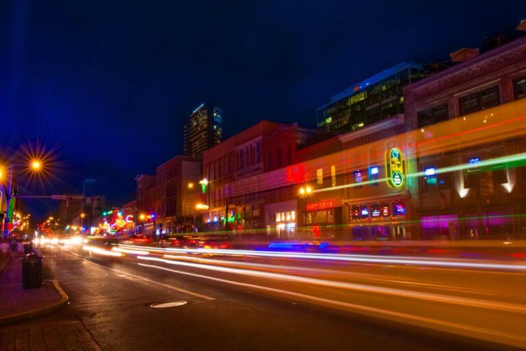 scenic view of nashville broadway street at night