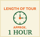 An icon of a clock that reads 'Length of tour approx 1 hour'