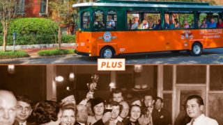 Top picture: Old Town Trolley Tour driving past the Kehoe House. Bottom picture: Sepia toned old photograph of bar tender preparing a cocktail while patrons cheer