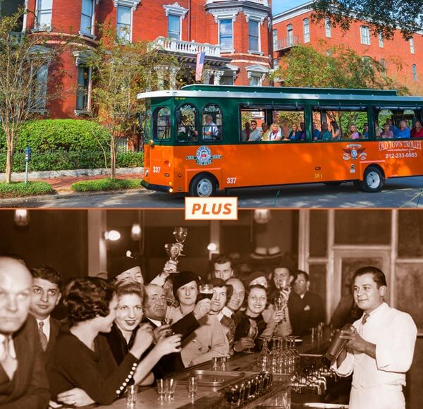 Top picture: Old Town Trolley Tour driving past the Kehoe House. Bottom picture: Sepia toned old photograph of bar tender preparing a cocktail while patrons cheer