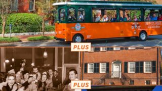 Composite photo showing The Old Town Trolley in Savannah driving past Kehoe House, an old picture of a bar full of patrons inside the American Prohibition Museum and exterior of Andrew Low House