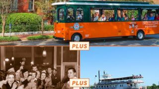 Composite photo showing The Old Town Trolley in Savannah, an old picture of a bar full of patrons inside the American Prohibition Museum and a riverboat named 'The Georgia Queen'