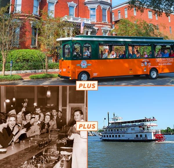Composite photo showing The Old Town Trolley in Savannah, an old picture of a bar full of patrons inside the American Prohibition Museum and a riverboat named 'The Georgia Queen'