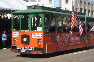 exterior of trolley during san diego veterans day parade