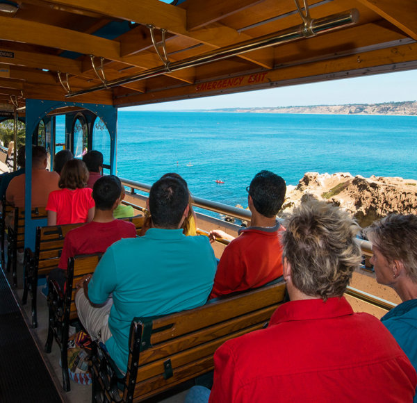 Guests aboard Old Town Trolley San Diego Beach Tour