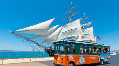 picture of san diego trolley in front of star of india tall ship