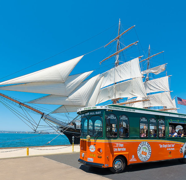 picture of san diego trolley in front of star of india tall ship