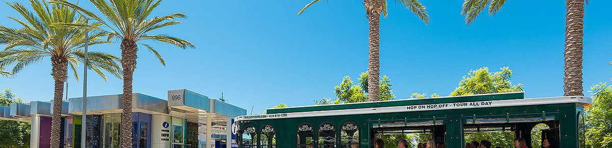 picture of san diego trolley in front of visitor information center