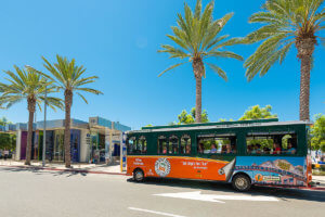 picture of san diego trolley in front of visitor information center