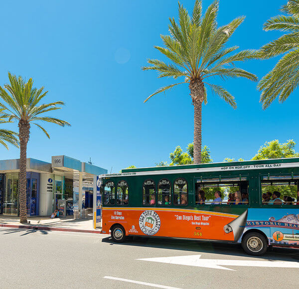 picture of san diego trolley in front of visitor information center