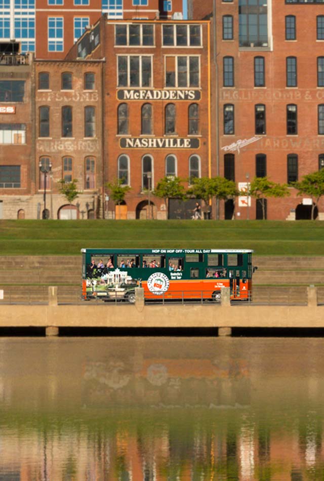 A view from across the Cumberland River at downtown Nashville including the Country Music Television Building and the Baker Donelson building