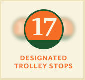 graphic that shows number 17 at top and the words '17 designated trolley stops'