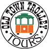 Round logo that reads 'Old Town Trolley Tours' and inside of it is an illustration of the front of a trolley.