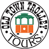 Round logo that reads 'Old Town Trolley Tours' and inside of it is an illustration of the front of a trolley.