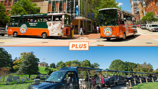 top picture: two trolleys driving past Washington DC welcome center; bottom picture: Arlington Tour vehicle driving past gravesites and Arlington House in background.