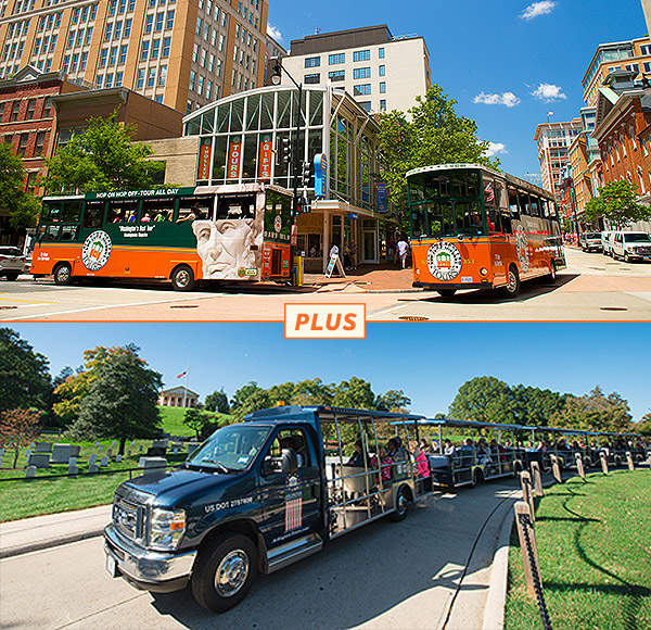 top picture: two trolleys driving past Washington DC welcome center; bottom picture: Arlington Tour vehicle driving past gravesites and Arlington House in background.