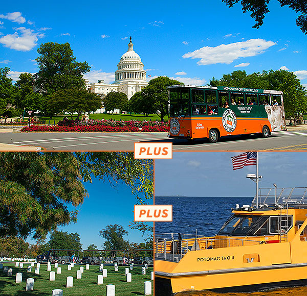 top picture: trolley driving past U.S. Capitol in Washington DC; bottom left picture: Arlington National Cemetery gravesites in background and vehicle in background; bottom right picture: water taxi surrounded by water