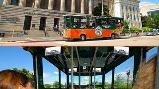1-Day Old Town Trolley Tour - top picture: trolley driving past smithsonian american art museum; bottom picture: interior of trolley showings guests looking out large windows showing US capitol