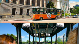 top picture: trolley driving past smithsonian american art museum; bottom picture: interior of trolley showings guests looking out large windows showing US capitol