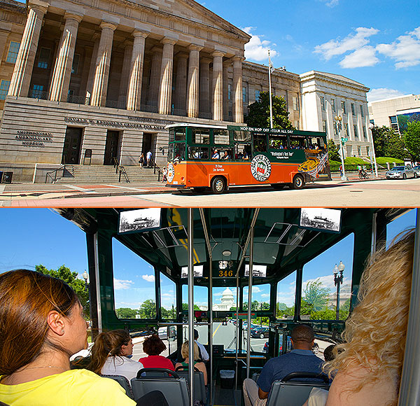 top picture: trolley driving past smithsonian american art museum; bottom picture: interior of trolley showings guests looking out large windows showing US capitol