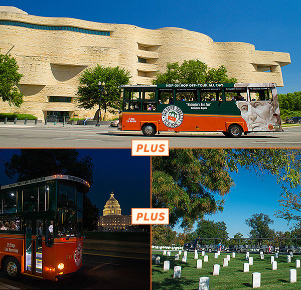 top picture: trolley driving past Museum of American Indian in Washington dc; bottom left picture: trolley driving past US Capitol lit up at night; bottom right picture: Arlington Tours vehicle with gravestones in foreground.