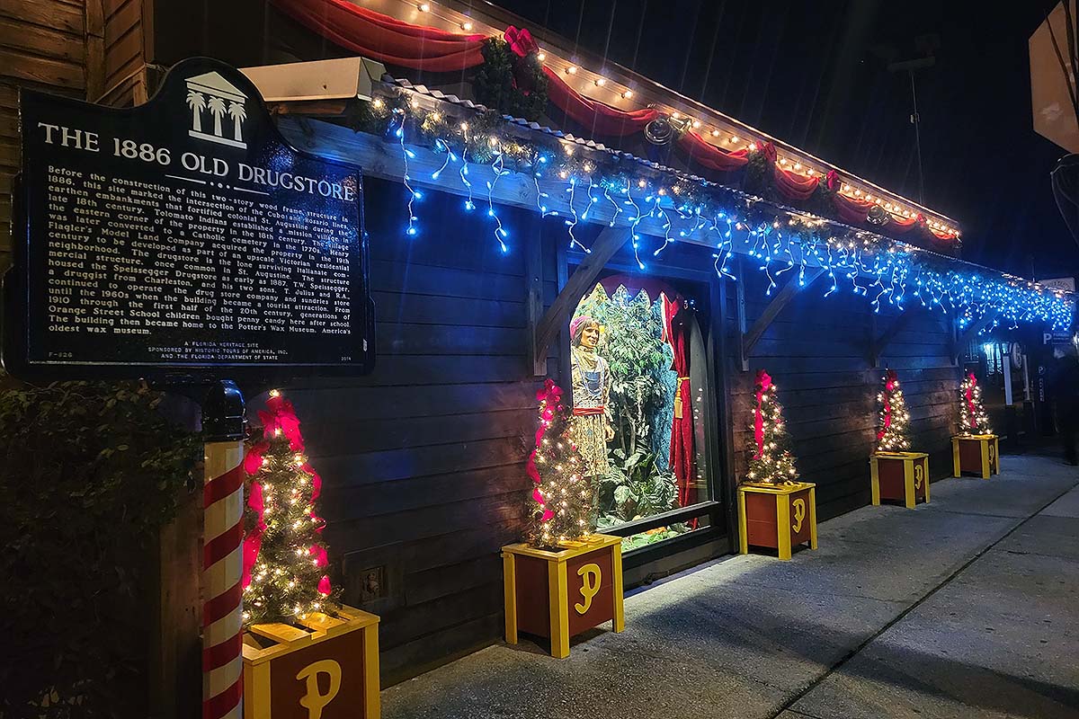 Holiday lights at St. Augustine's Old Drug Store