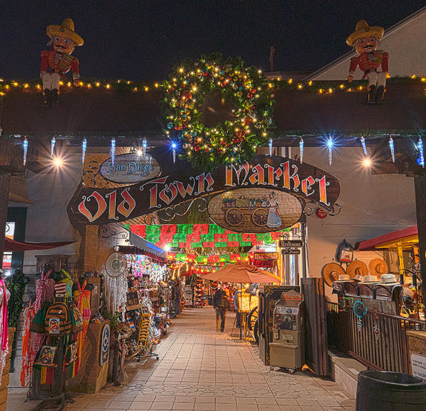 Entrance to Old Town Market San Diego decorated for the holidays