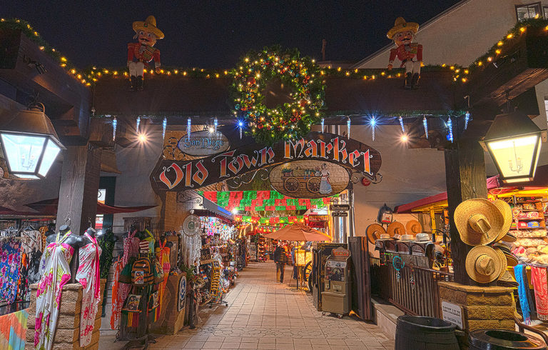 Entrance to Old Town Market San Diego decorated for the holidays