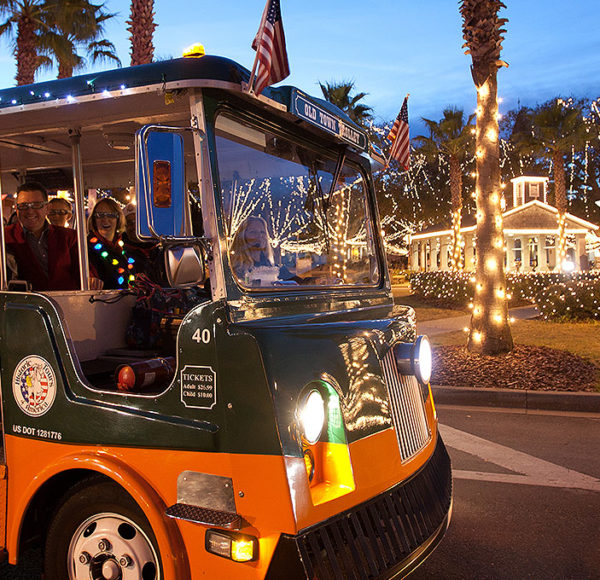 st. augustine holiday tour driving at night past various buildings lit up with holiday lights