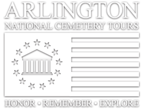 logo with a flag featuring stripes on the right and the silhouette of stars and a house on the left; and the words 'Arlington National Cemetery Tours, Honor, Remember, Explore'