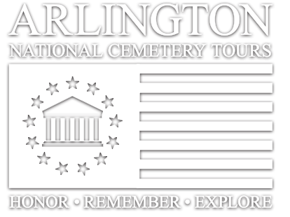 logo with a flag featuring stripes on the right and the silhouette of stars and a house on the left; and the words 'Arlington National Cemetery Tours, Honor, Remember, Explore'