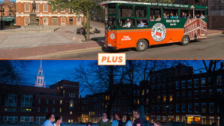 top picture: Boston trolley driving past Faneuil Hall; bottom picture: ghost host and a group of guests at Copps Hill Burying ground at night standing among gravestones