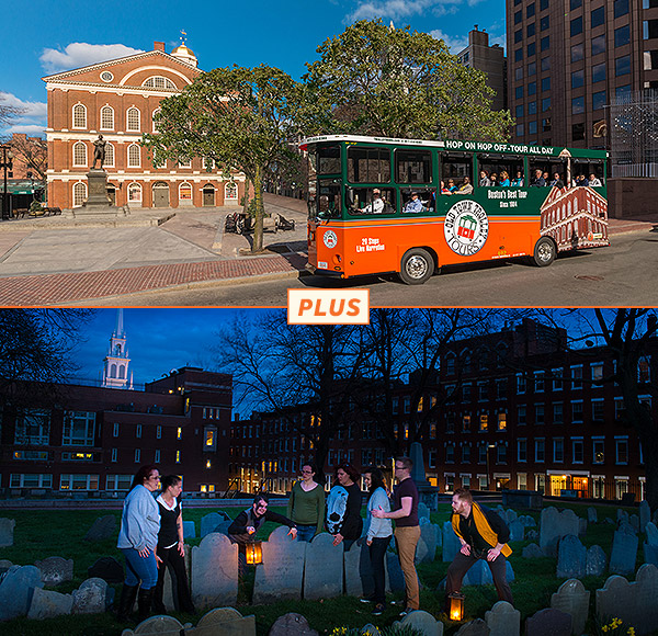 top picture: Boston trolley driving past Faneuil Hall; bottom picture: ghost host and a group of guests at Copps Hill Burying ground at night standing among gravestones