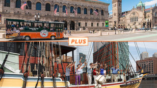 Old Town Trolley Tour & Boston Tea Party Ships Package - Top picture: Boston trolley driving past Boston Public Library; Bottom picture: Boston Tea PartyShip exterior featuring guests throwing tea crates over board