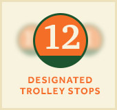 graphic that reads '12 designated trolley stops' with the number 12 in a circle