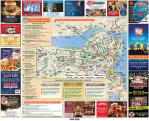 boston free map brochure inside showing a map and advertisements around it