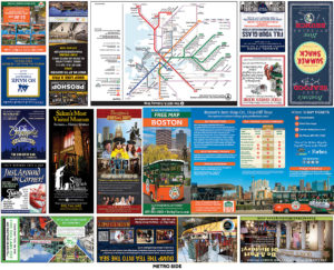 boston free map brochure outside showing cover, ads and MBTA map