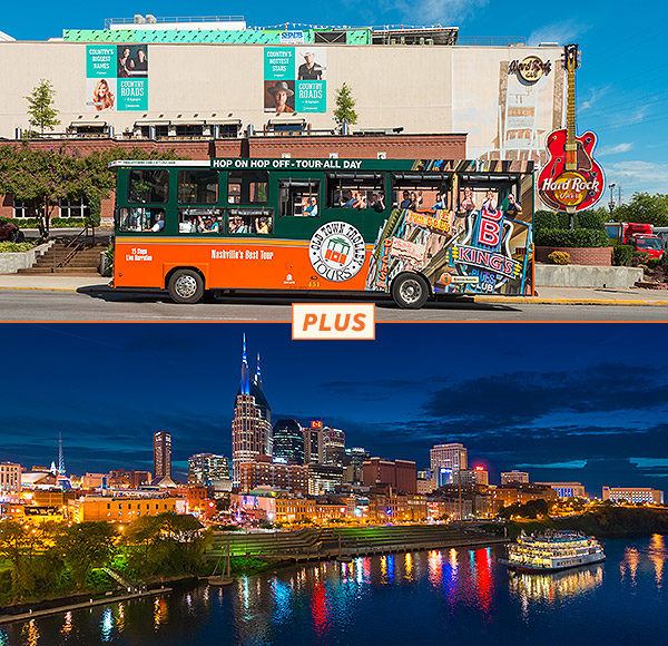 Top picture: Nashville trolley driving past Hard Rock Cafe. Bottom picture: Nighttime cityscape of Nashville's skyline and river.