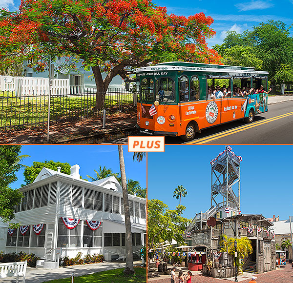 Top image: Trolley driving past Key West foliage; bottom left image: Exterior of Harry S. Truman Little White House; bottom right image: Exterior of Key West Shipwreck Treasure Museum