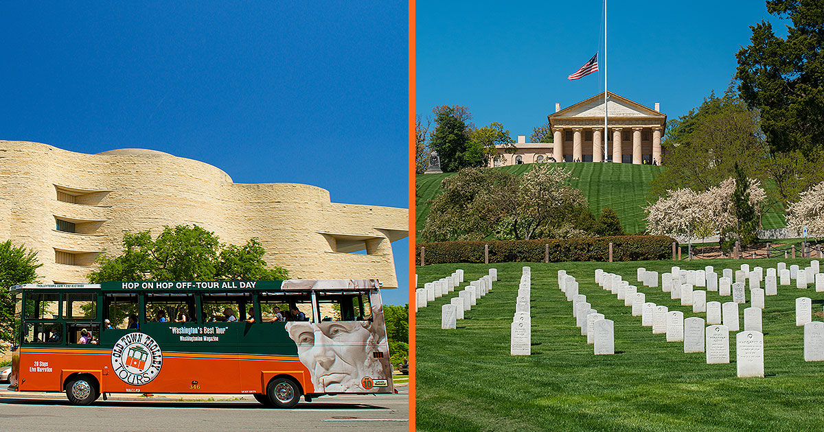 Left picture: Washington DC Trolley driving by the Museum of the American Indian; right picture: Arlington National Cemetery grounds with Arlington House in the background