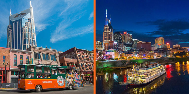 Left image: Nashville driving on Broadway street; right image: night time picture of Nashville skyline and river