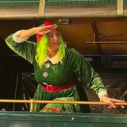 San Diego holiday tour elf host looking out the trolley window