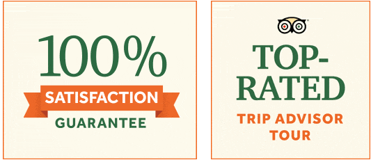 Two boxes: From left to right: Box 1: 100% satisfaction guarantee. Box 2: Top Rated Trip Advisor Tour