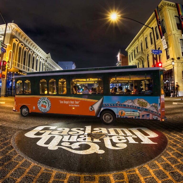 San Diego City Lights Night Tour driving past Balboa Park