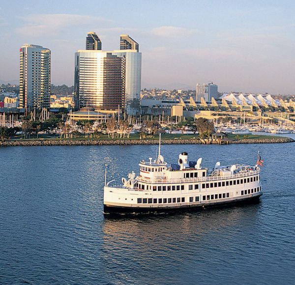 San Diego Hornblower Cruise sailing San Diego bay with the city skyline behind