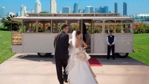 Newlyweds boarding Old Town Trolley's Wedding Charter