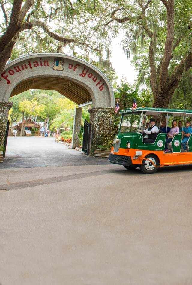 Trolley in front of Fountain of Youth entrance in St. Augustine, FL