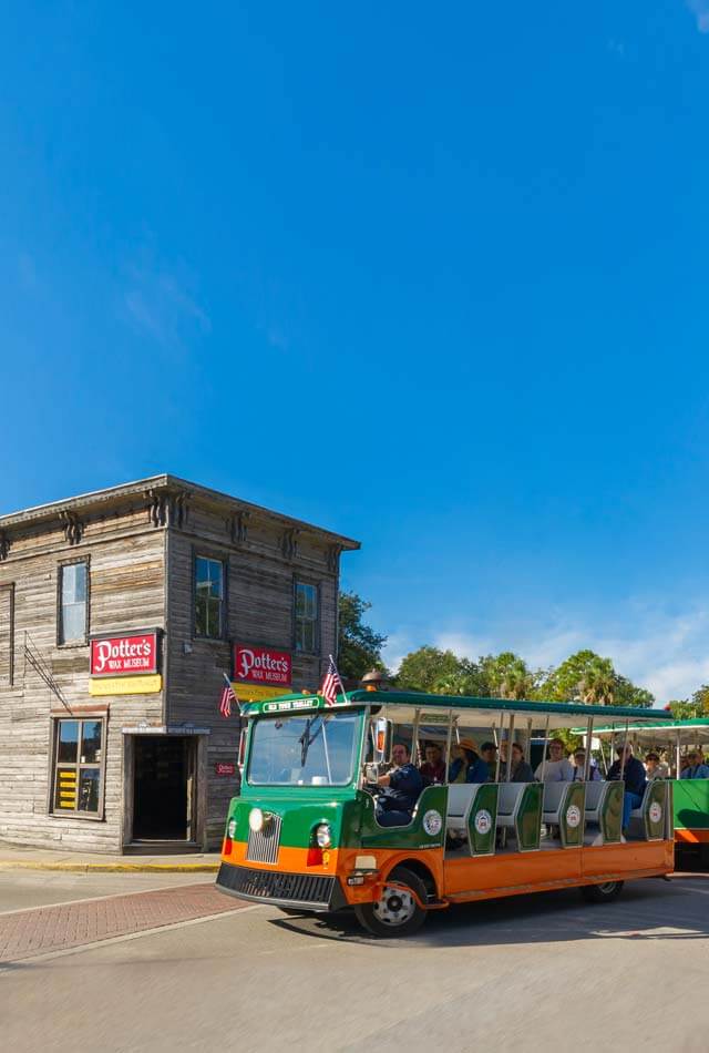 Trolley in front of Potter's Wax Museum in St. Augustine, FL